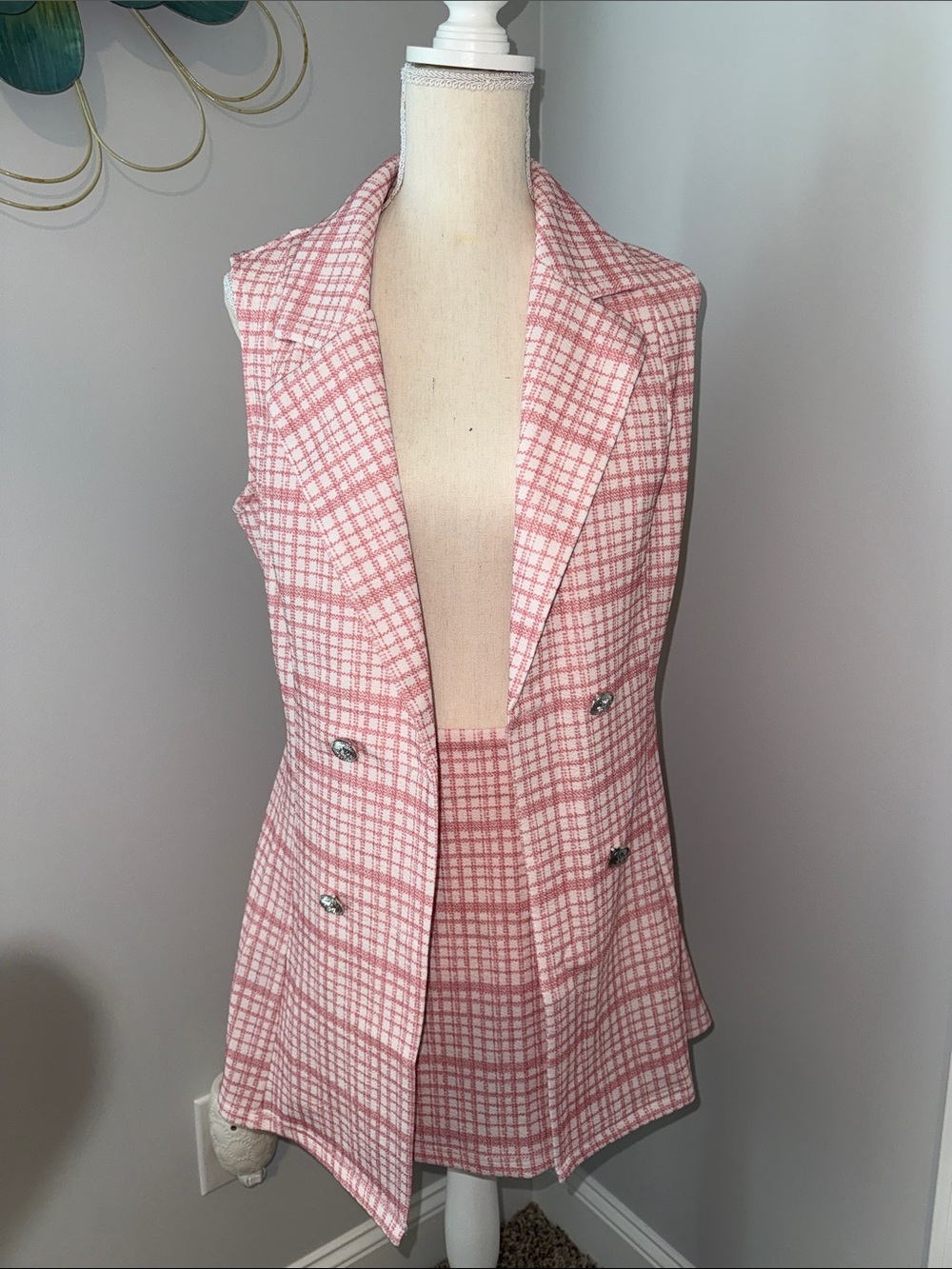 Sleeveless Pink Plaid Double-Breasted Blazer Vest w/ matching Mini Skirt